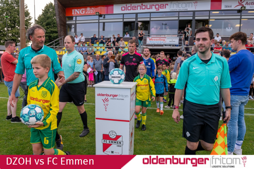 Oefenwedstrijd DZOH vs FC Emmen, wedstrijdsponsor Oldenburger|Fritom.