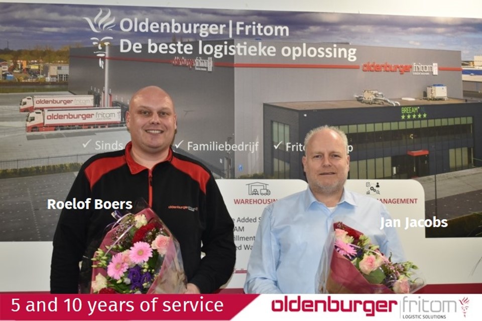 Roelof Boers 5 years of service and Jan Jacobs 10 years of service at Oldenburger|Fritom.