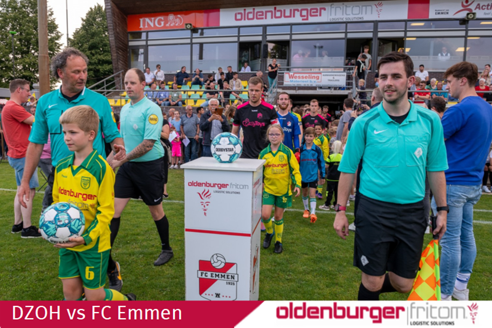 Football match between DZOH and FC Emmen, with match sponsor Oldenburger|Fritom.