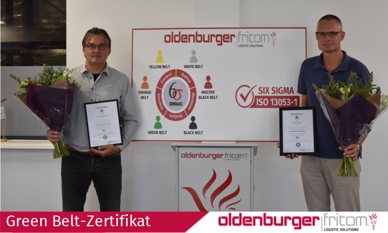 Albert Medendorp und Pieter de Jong von Oldenburger|Fritom erhalten das Green Belt Zertifikat.