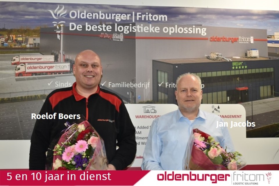 Roelof Boers 5 jaar in  dienst en Jan Jacobs 10 jaar in dienst bij Oldenburger|Fritom.