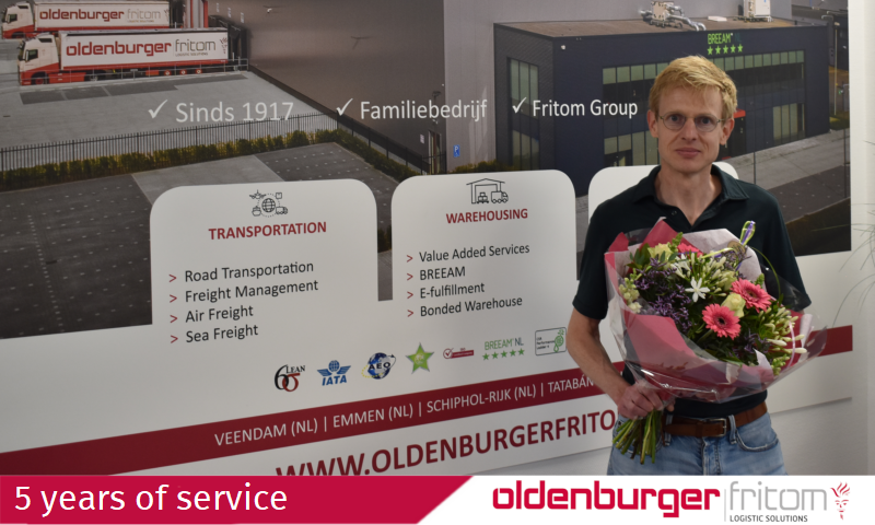 Pieter-Jan van der Laan celebrates 5 years of service at Oldenburger|Fritom.